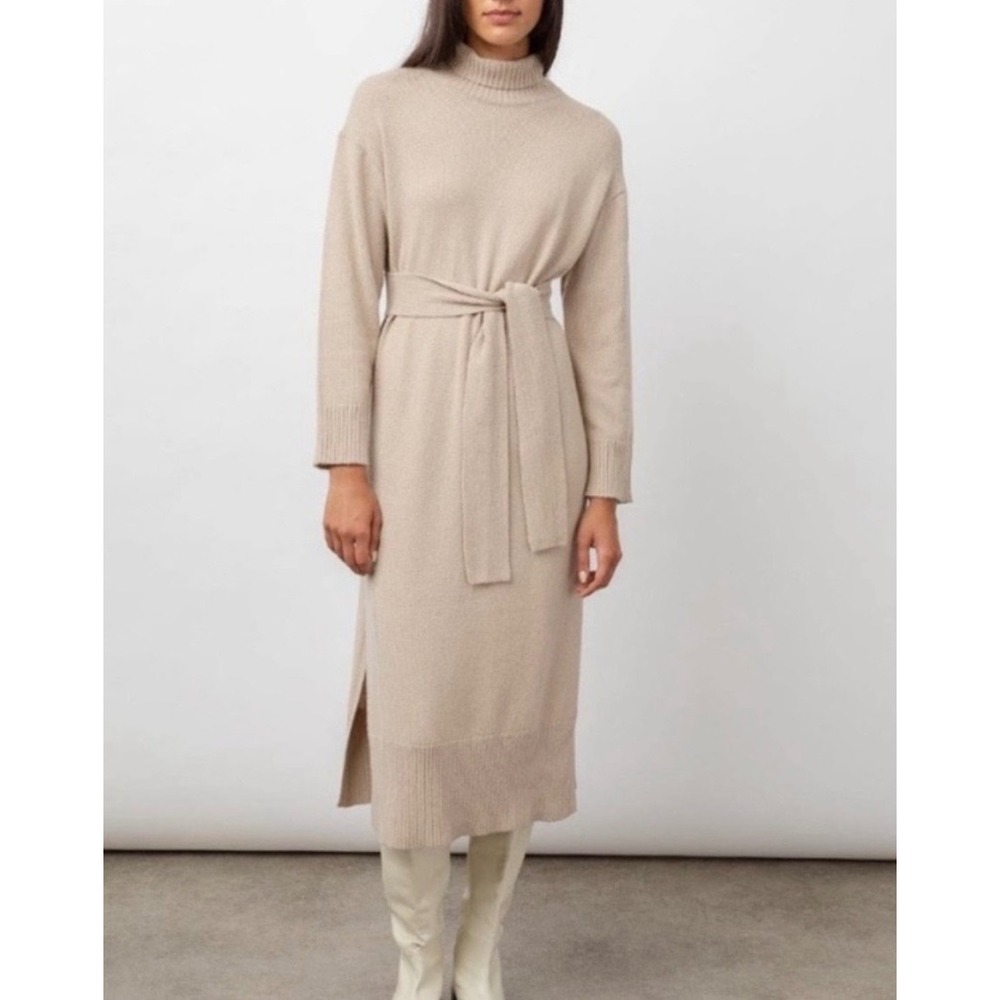 Rails Mila Sweater Dress Jute Beige Merino Wool Cotton Mock Neck Belted Medium